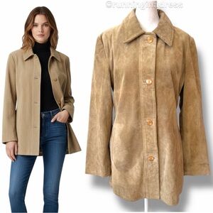 Vintage 90s Rem Garson Tan Suede Leather Car Coat Minimalist Mid-Length Jacket